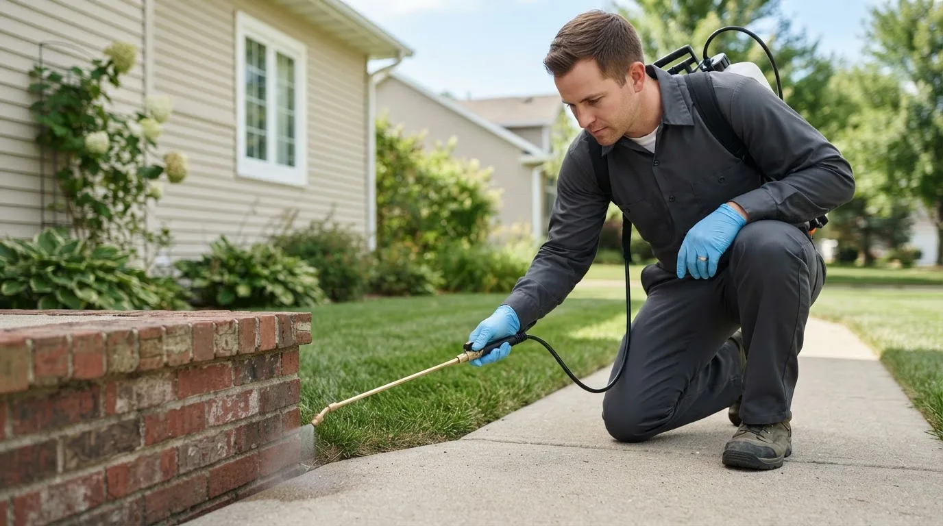 Pest control technician treating a home near Durango, IA